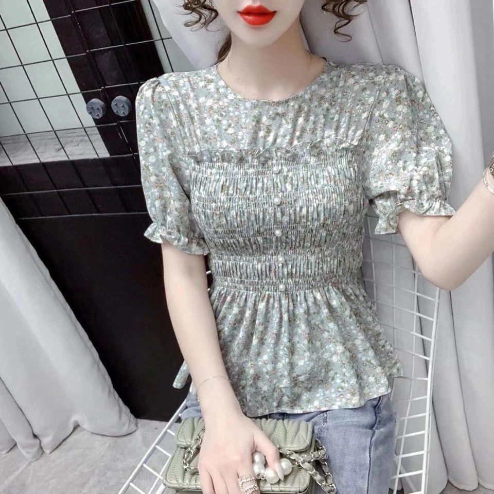 Áo kiểu chất chiffon tay ngắn cổ tròn họa tiết hoa nữ tính