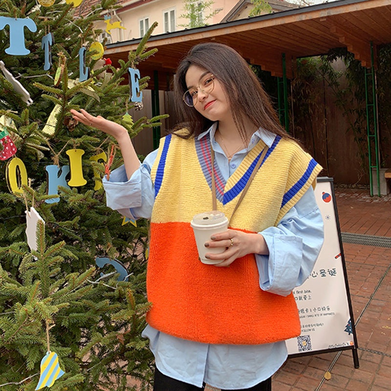 Áo dệt kim sát nách dáng rộng phối màu tương phản kiểu Hàn Quốc thời trang cho nữ