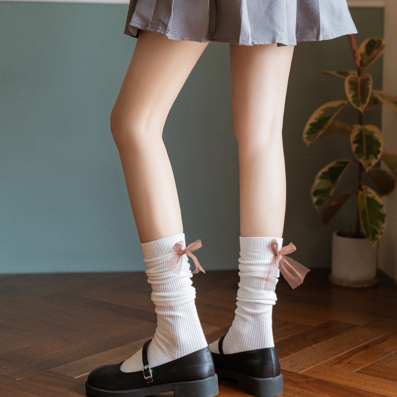 Vớ Cotton Phối Ren Mỏng Màu Trắng Đen Phong Cách Học Sinh lolita