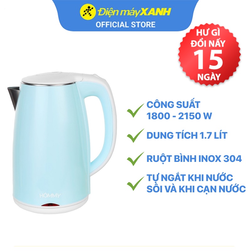 [Mã ELHADEV giảm 4% đơn 300K] Bình đun siêu tốc inox cao cấp Hommy D1017 1.7 lít - Chính hãng BH 12 tháng