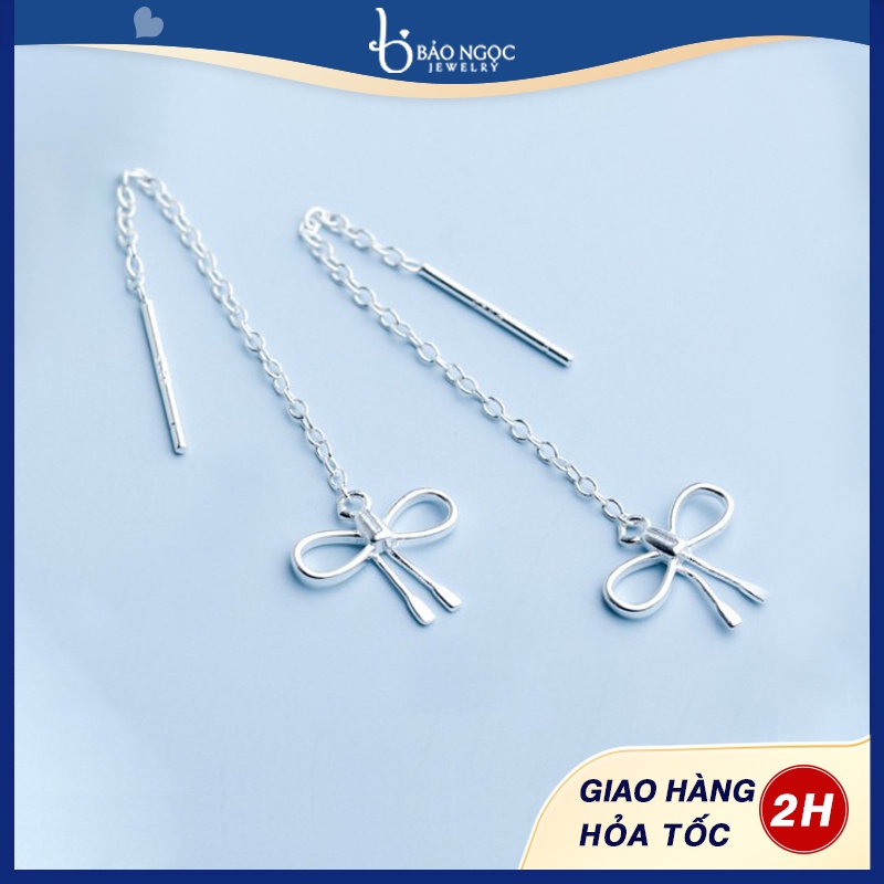 Khuyên Tai nữ Dáng Dài Bạc 925 thiết kế hình nơ xinh đáng yêu B2444 - Bảo Ngọc Jewelry