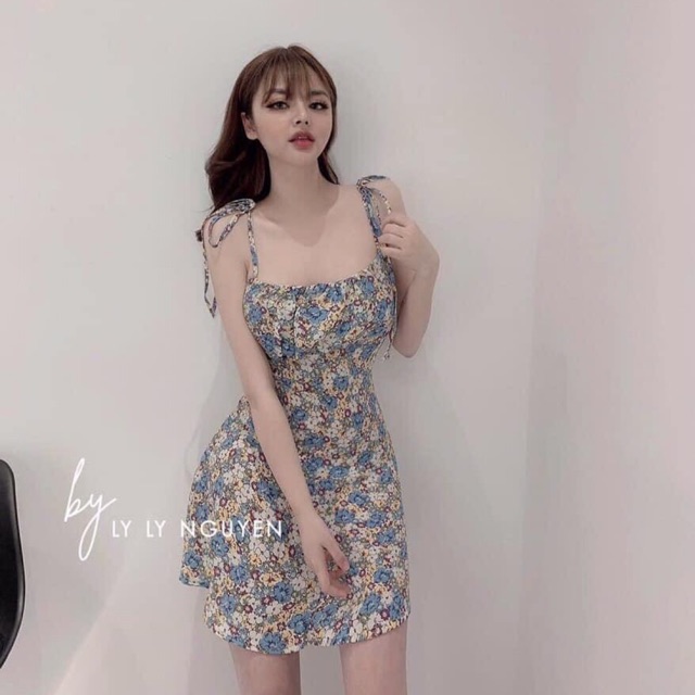 Đầm dáng xoè hoa 2 dây cột nơ vai ngực phối xếp li (kèm ảnh thật)