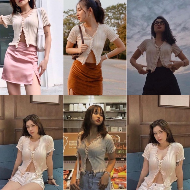Áo Kiểu NEVER STOP CROPTOP màu NUDE thiết kế gài nút 1 nửa khoe vòng eo chất len dày co giãn hàng nhập quảng châu