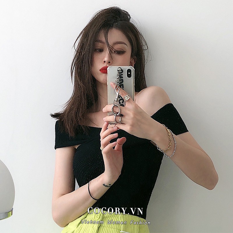 Cocory vn Áo Croptop Dệt Kim Tay Ngắn Trễ Vai Thiết Kế Màu Trơn Thanh Lịch Cho Nữ
