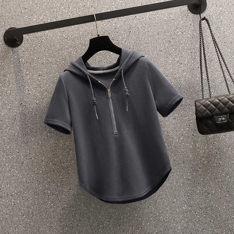 Áo Thun Cotton Tay Ngắn Có Nón Và Dây Kéo Size Lớn Thời Trang Cho Nữ