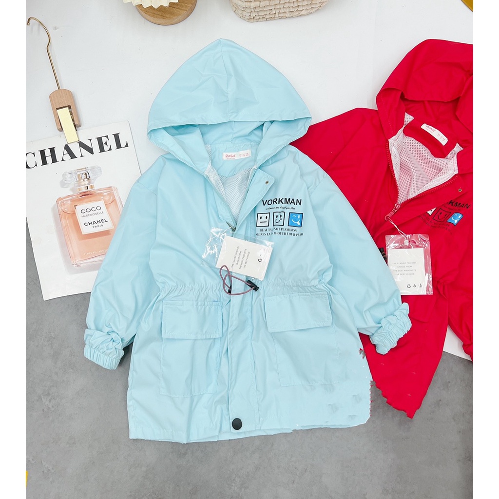 Áo khoác cho bé gái, bé trai, áo khoác gió size đại vải chính phẩm 2 lớp có dây rút eo dáng parka cho bé 26-38kg