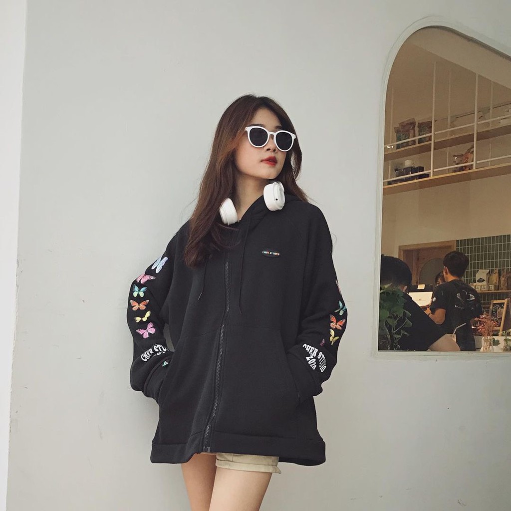 ÁO NỈ KHOÁC DÂY KÉO BƯỚM CHER STUDIO HỒNG ĐEN - ÁO KHOÁC HOODIE CÁNH BƯỚM COUPLE HD12