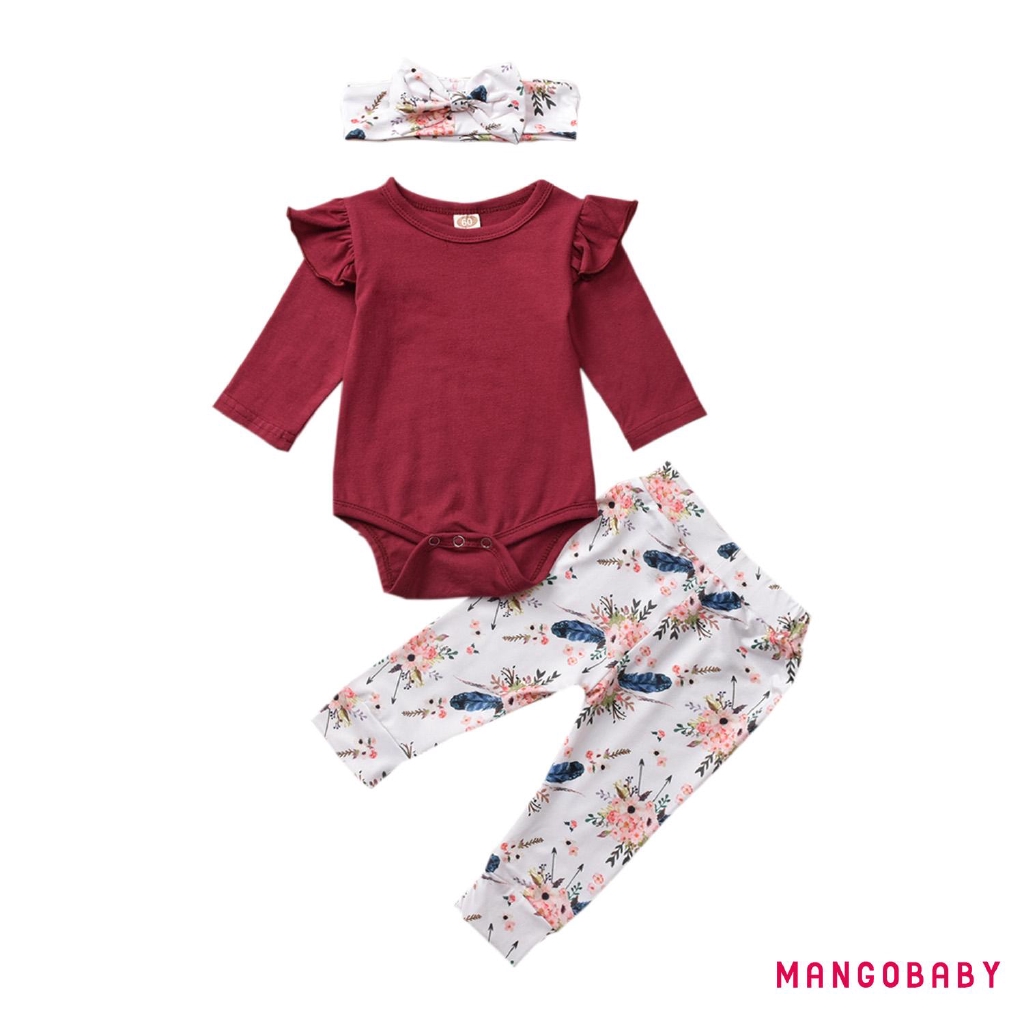 Bộ Trang Phục 3 Món Áo Liền Quần Tay Dài Màu Trơn + Quần Dài In Hoa Dễ Thương Cho Bé Gái Sơ Sinh