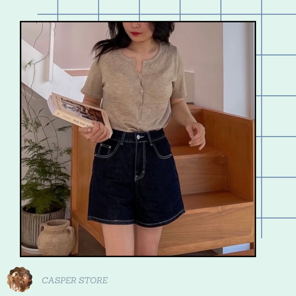 Quần đùi chỉ nổi cạp khuy phối chun sau nữ ⚡ Casper.Store | FREESHIP | ⚡ Quần short trơn basic form rộng dáng suông