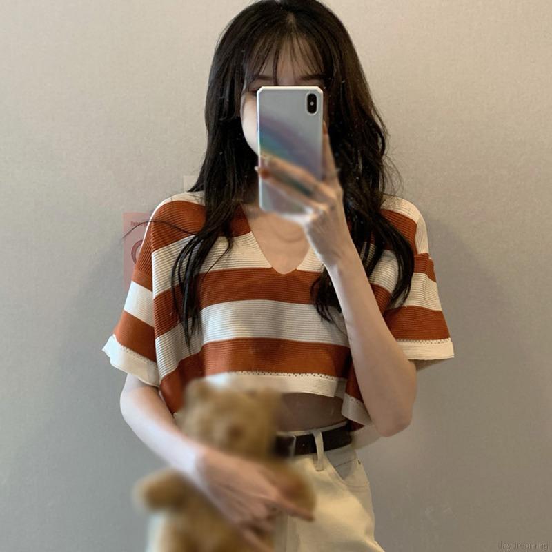 Áo Len Ngắn Tay Cổ Chữ V Dáng Rộng Hoa Văn Kẻ Sọc Nhiều Màu Thời Trang | BigBuy360 - bigbuy360.vn