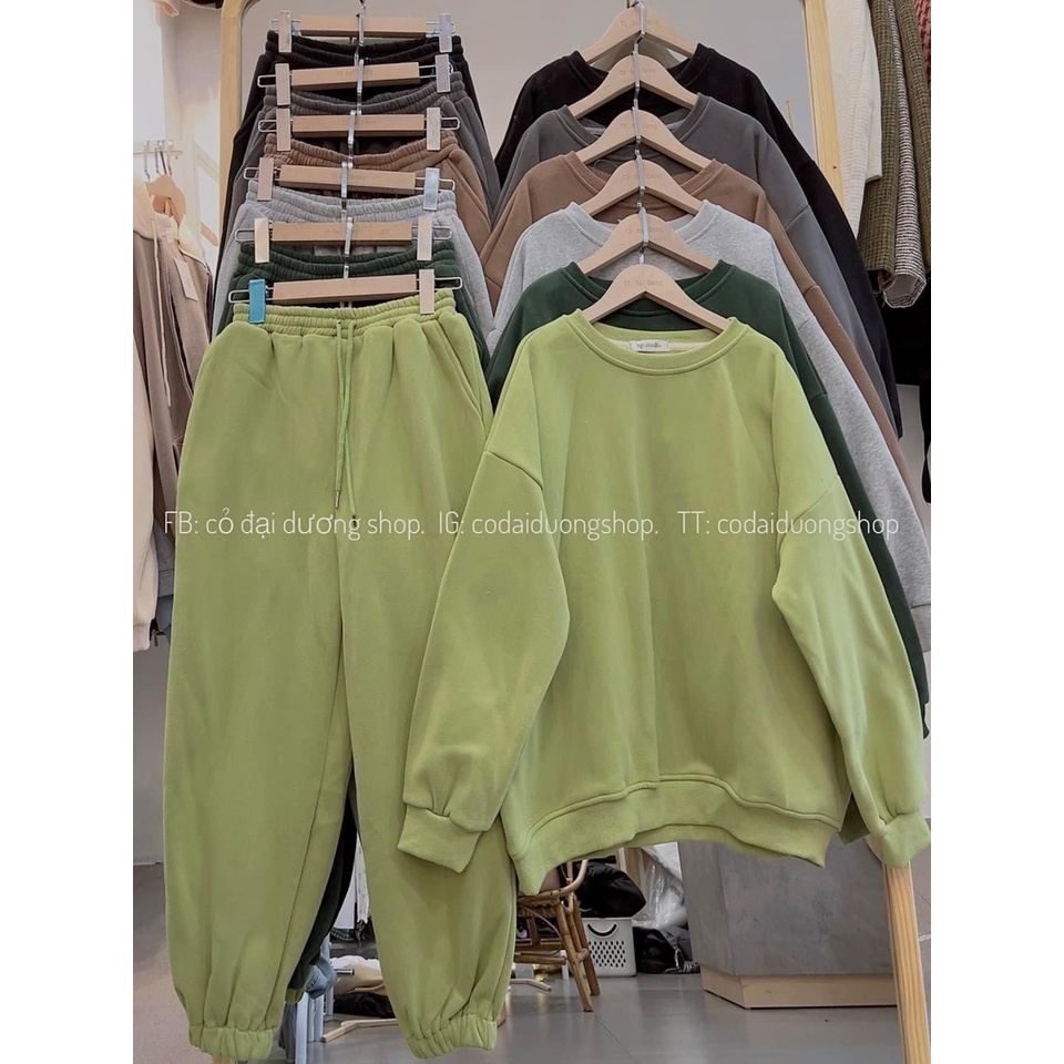Bộ nỉ trơn cổ tròn - Bộ oversize mùa đông đơn giản, basic hàn quốc