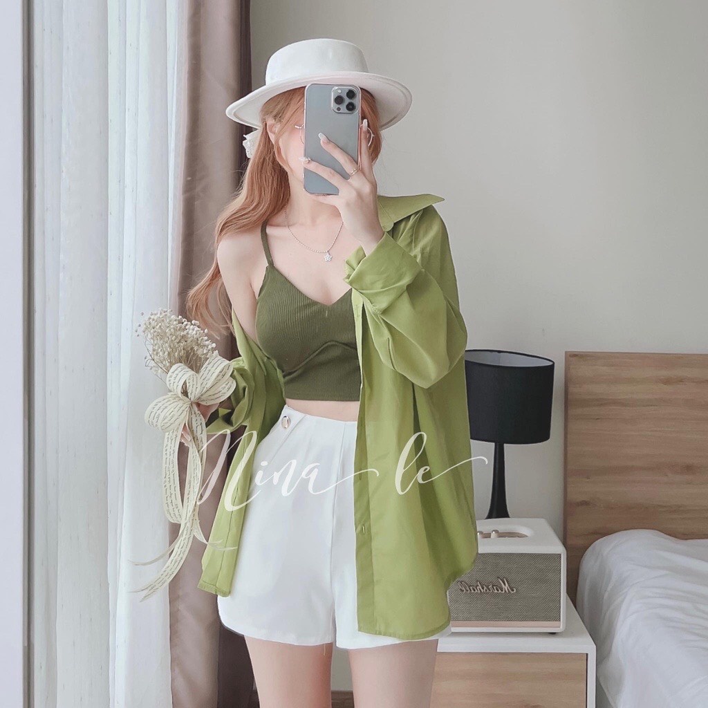 Set đồ nữ, Set 3 món sơ mi xanh, áo 2 dây mix quần sooc kaki cực kì cá tính [Ảnh thật 100%]