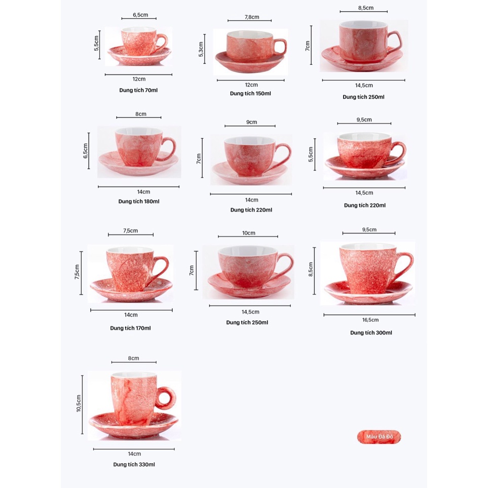Bộ tách đĩa coffee vân đá Capuccino, Espresso, Latte nhiều màu, nhiều dung tích - Gốm Bát Tràng