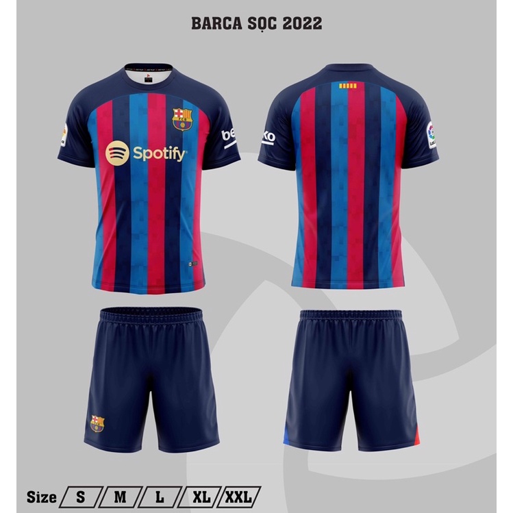 Quần áo bóng đá clb Barce spotify 2022 sọc xanh đỏ sân nhà
