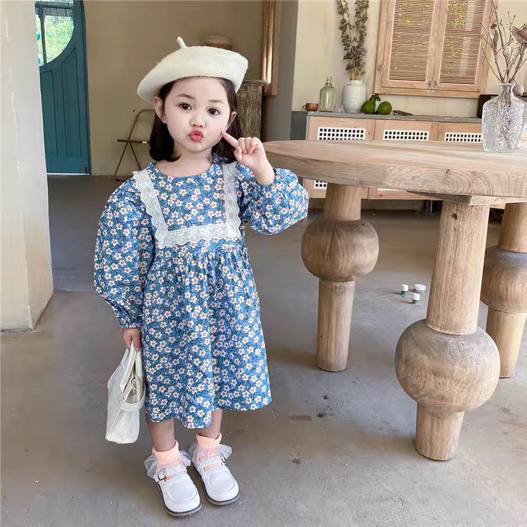 Đầm Thu Đông Cho Bé Gái Hml (10-40KG)  Hoa Nhí Ren Vuông, Váy Trẻ Em Thu Đông 1,2,3,4,5,6,7,8,9,10 Tuổi Size Đại Mã A40