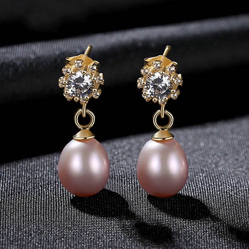 Bông tai bạc nữ 925 đính ngọc trai thật tự nhiên mạ vàng 18k mặt hoa đính đá sang trọng - B2548 - Bảo Ngọc Jewelry