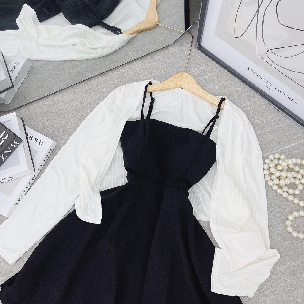 SET ĐẦM ĐEN XOÈ + ÁO TRẮNG NGOÀI
