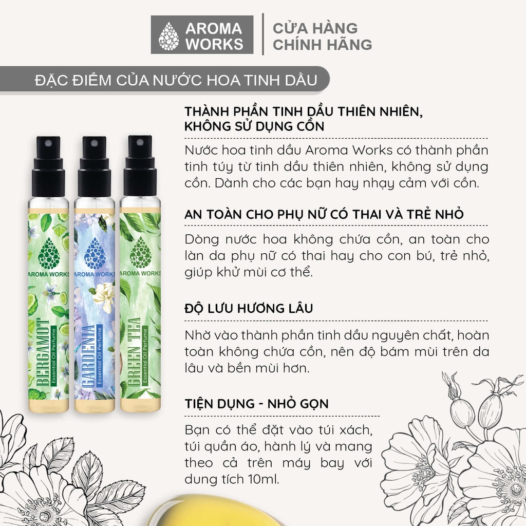 Tinh dầu nước hoa không cồn, lưu hương lâu Aroma Works Gardenia Essential Oil Perfume 10ml