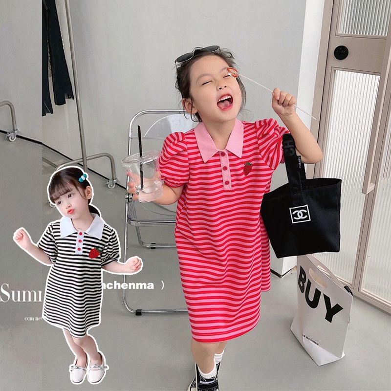 Đầm Thun Ngắn Tay Dáng Rộng Họa Tiết Kẻ Sọc Xinh Xắn Cho Bé Gái