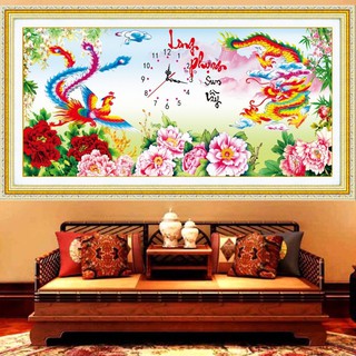 Tranh thêu chữ thập 3D Đồng hồ Long Phụng sum vầy 81x40cm LV3139 - tự thêu
