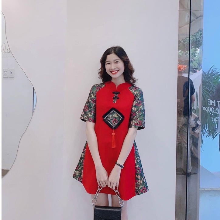 áo dài cách tân mặc tết siêu xinh-áo dài đỏ tay gấm mặc chụp hình tết-váy dự tiệc cuối năm V40 | BigBuy360 - bigbuy360.vn