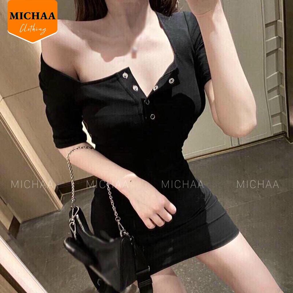 Đầm Váy Body CỔ VUÔNG CÚC BẤM Nữ Tay Ngắn Thun Gân Kiểu Ôm Sexy - MICHAA