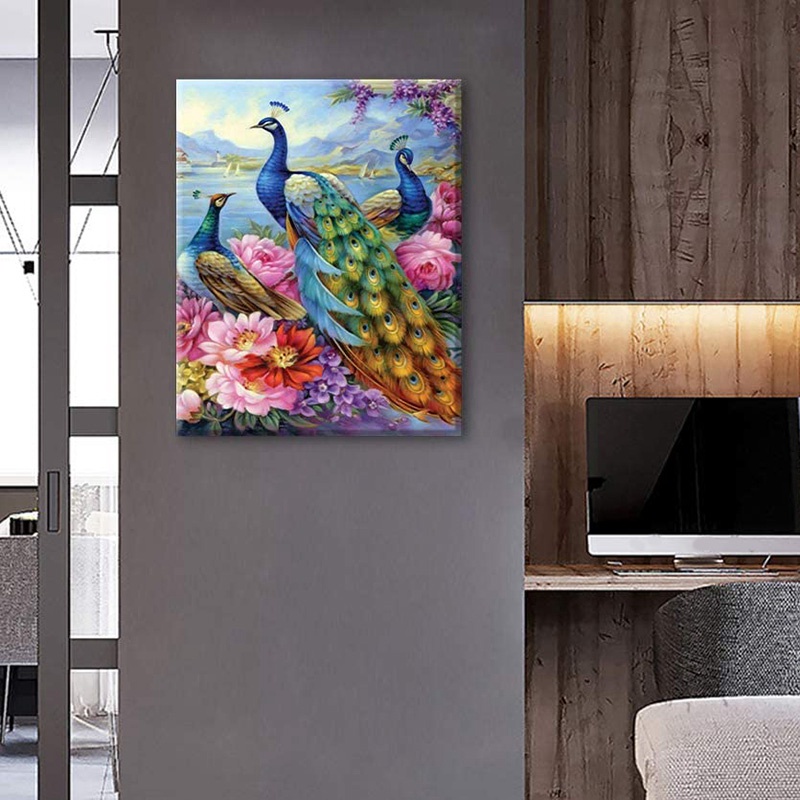 Set tranh đính đá trang trí phòng khách hình hoa và chim công