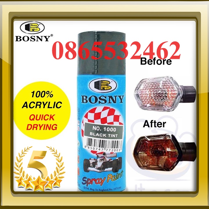 Sơn xịt đèn xe ô tô, xe máy, đen mờ (khói đen) Bosny No.1000 Black Tint Sơn xịt 100% acrylic Bosny, dung tích 400ml