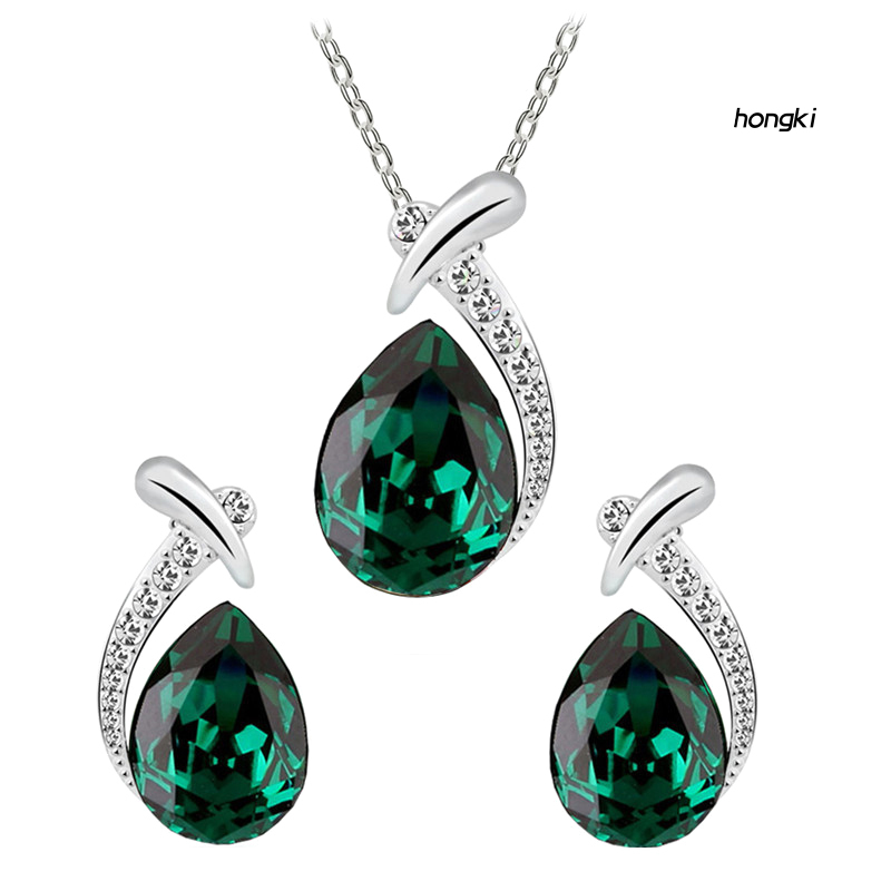 Set dây chuyền + hoa tai đính đá pha lê nhân tạo hình giọt nước thời trang