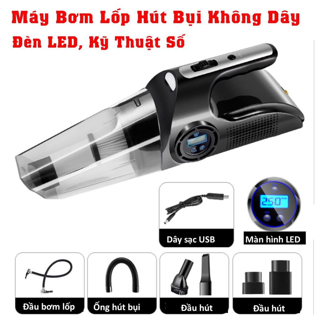 Máy hút bụi không dây kiêm bơm lốp ÔTô kỹ thuật số màn hình LED