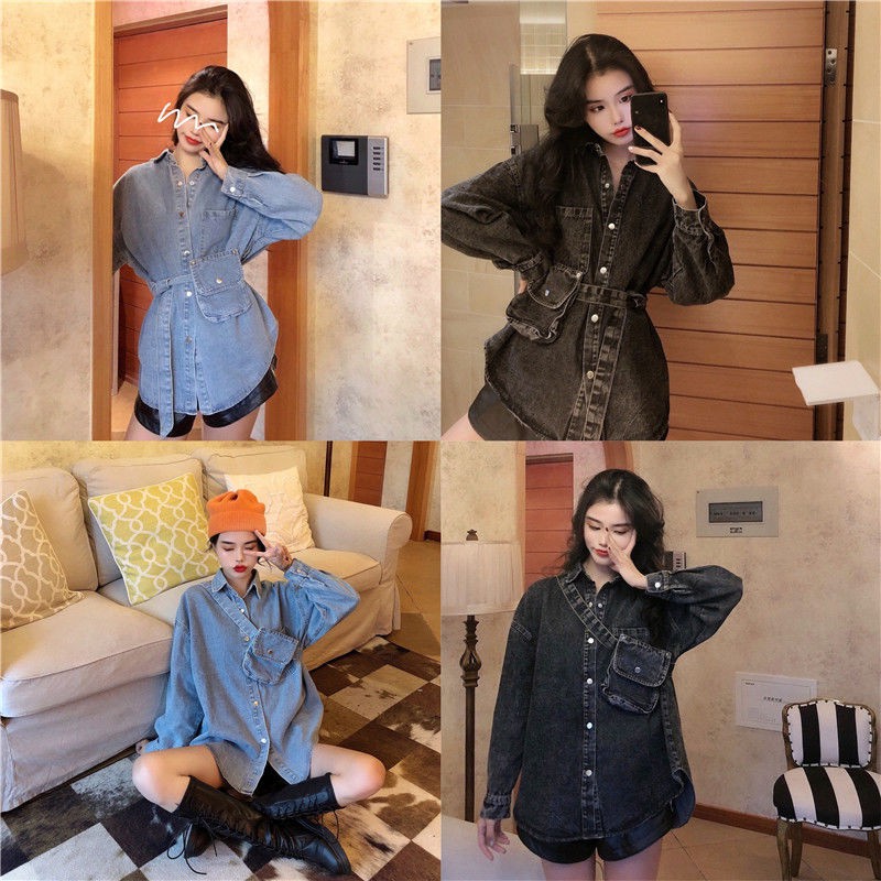 Áo hoodie Denim thời trang xuân thu cho bé gái💜Áo sơ mi Denim dài tay dáng rộng phối túi cá tính theo phong cách hongkong💜Áo kiểu hở lưng phối ren dáng ôm thời trang cá tính cho nữ