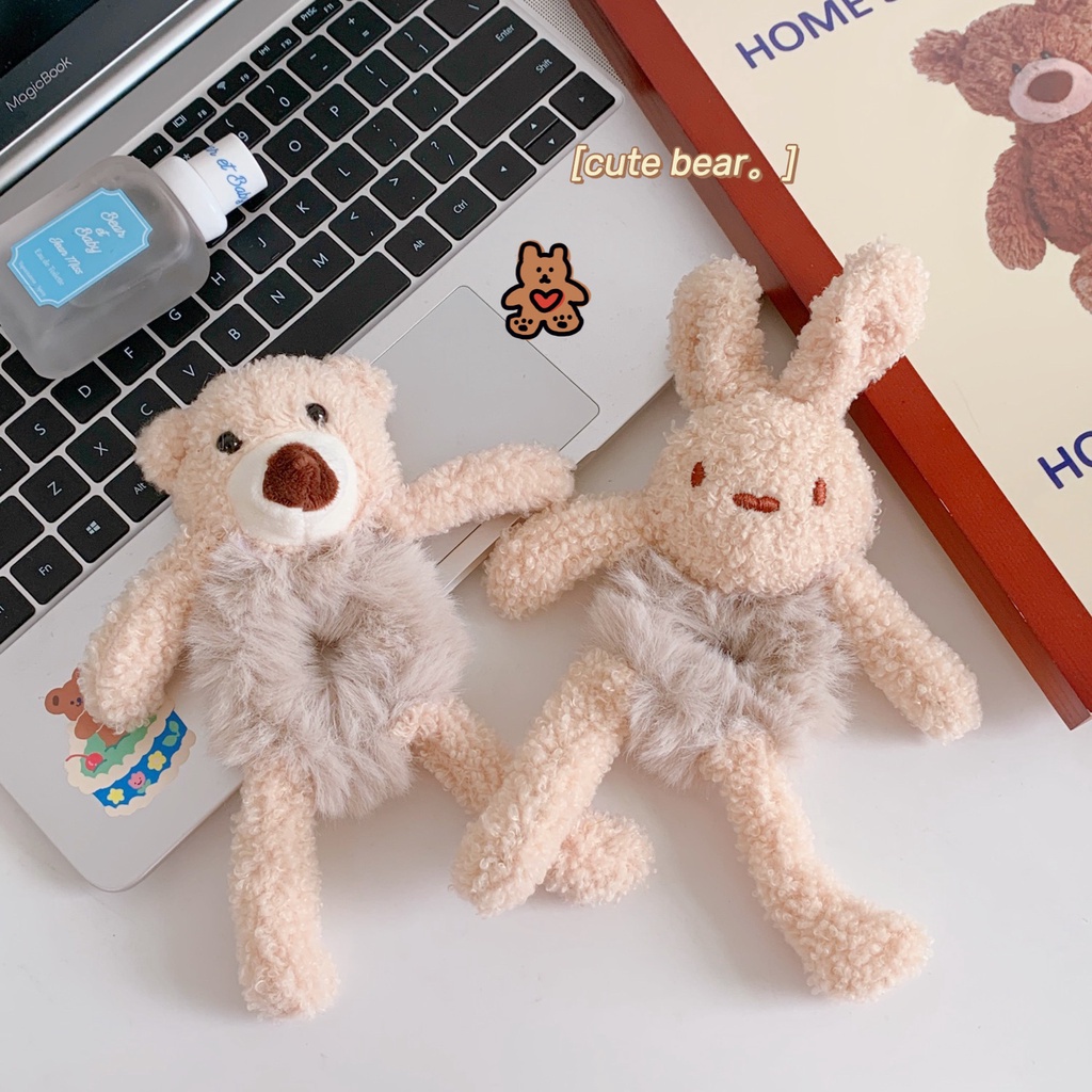 Dây buộc tóc phối vải lông xù hình gấu đáng yêu dành cho nữ