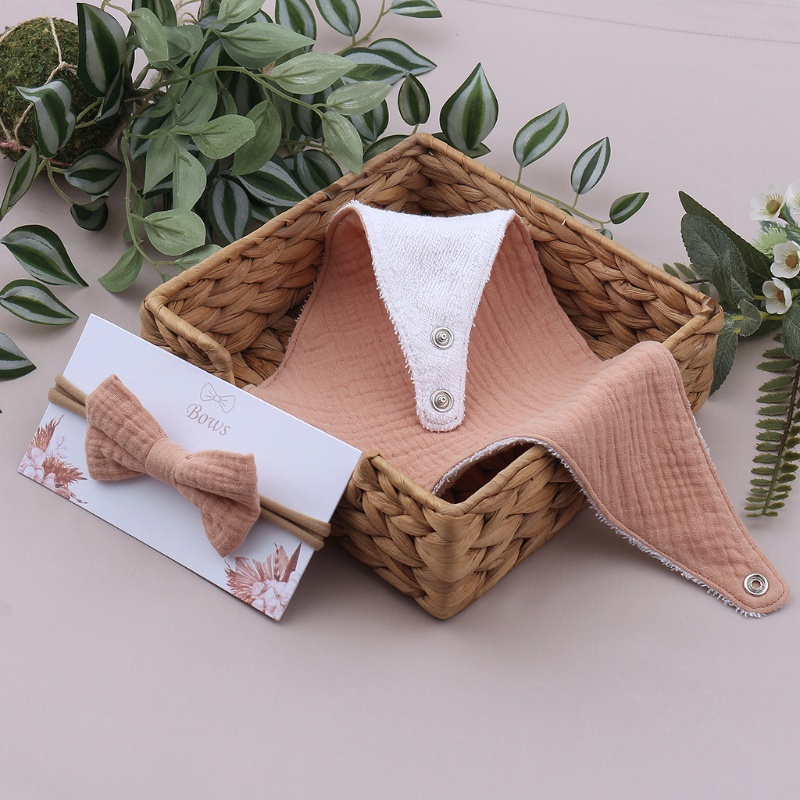 Khăn Quấn Đầu Bằng Vải Cotton Mềm Màu Trơn Đính Nơ Hình Tam Giác Cho Bé Sơ Sinh