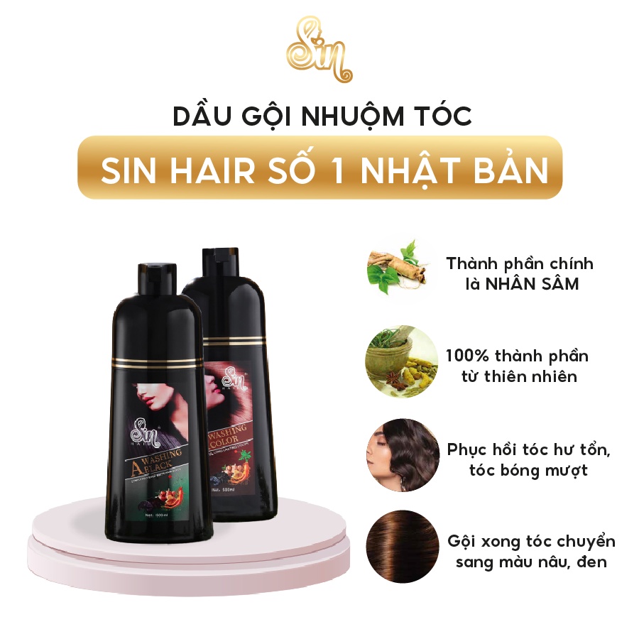 [Chính hãng Nhật Bản]Combo Dầu gội phủ bạc Sin hair thay đổi màu tóc trong 15 phút. Dầu gội đen + nâu