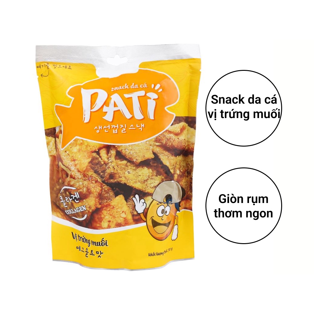 Snack da cá Pati vị trứng muối ớt xanh gói 50g thơm giòn thấm vị tốt cho sức khỏe đạt chuẩn an toàn thực phẩm Angola