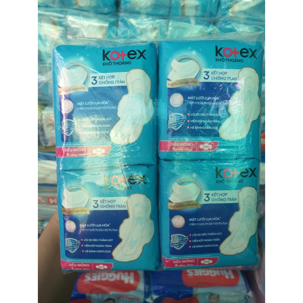 {TẶNG 2 MIẾNG/GÓI}-COMBO 8 GÓI BĂNG MỎNG CÁNH/DÀY CÁNH KOTEX KHÔ THOÁNG MẶT LƯỚI LỤA HÓA DÀI 23CM