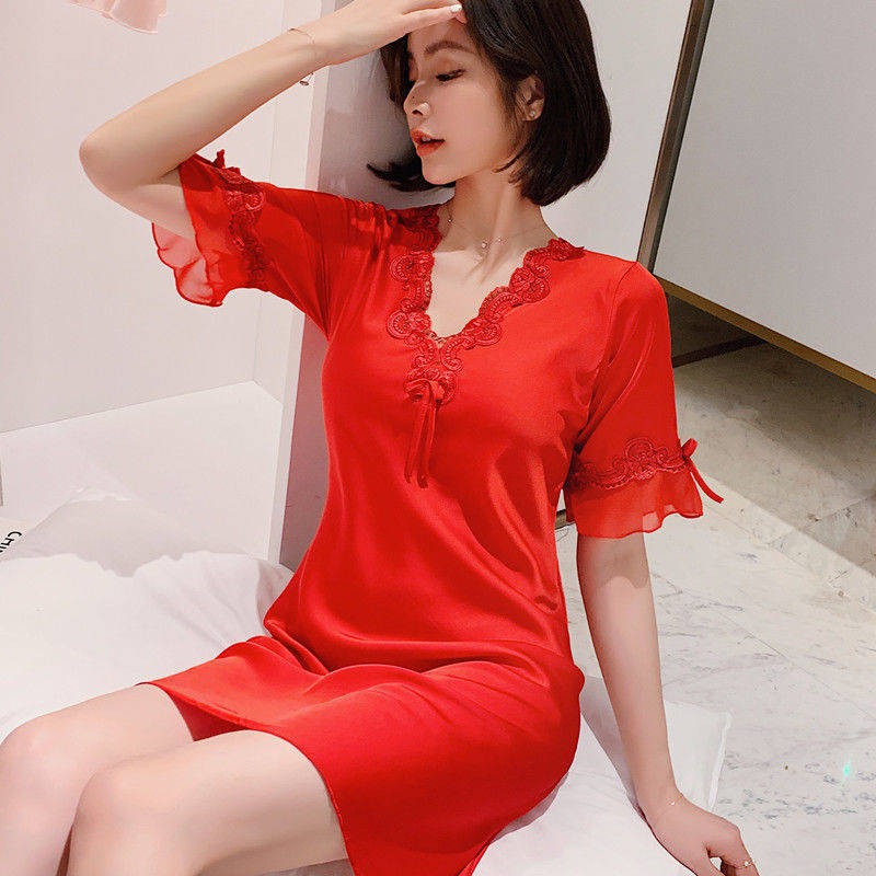 quyến rũ&kích thích& ✧Bộ đồ ngủ Phụ nữ mùa hè Nets Red Ice Silk Thời trang Nightdress Dress Trang chủ Có thể mặc váy đồ