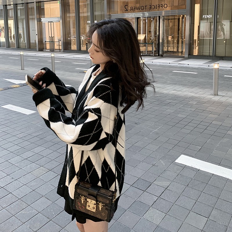 áo khoác len cardigan nữ form rộng họa tiết quả trám kim cương hàng quảng châu cao cấp SUTANO
