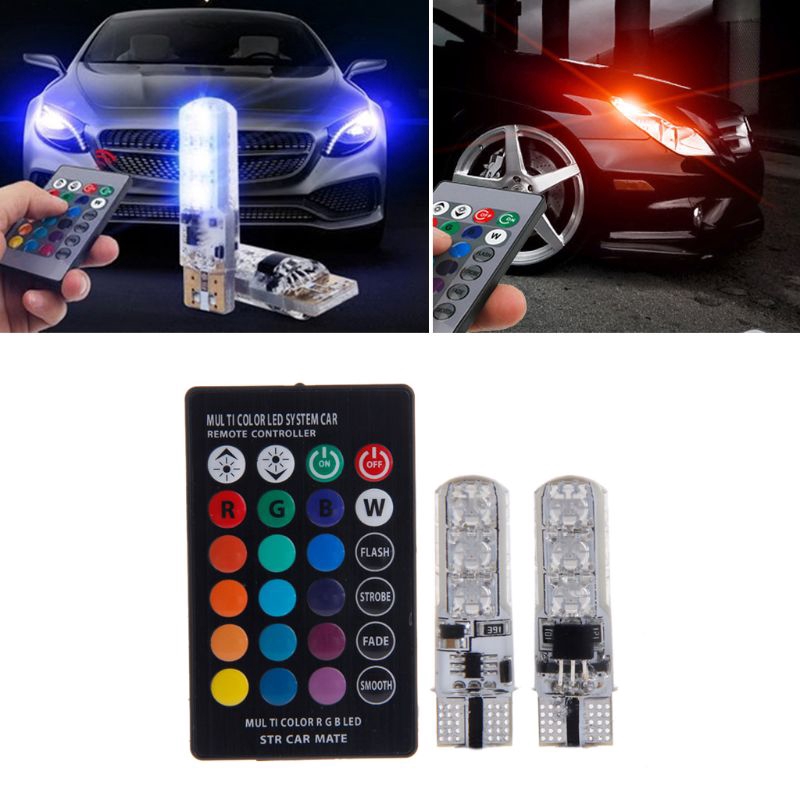 2x T10 RGB LED Car Wedge Reading Lamp Auto Interior Light+ Remote Control