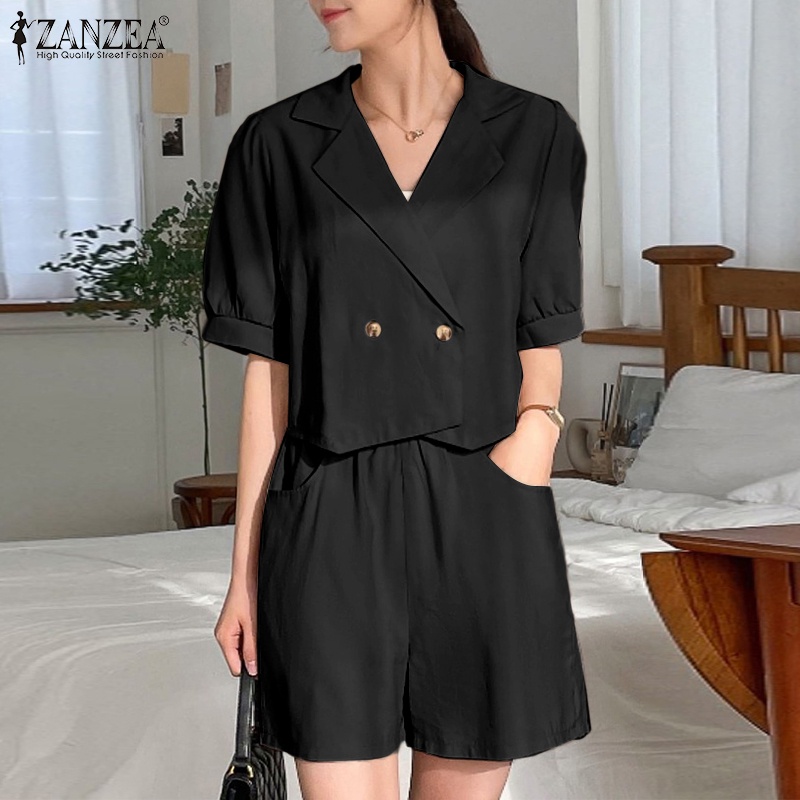 Bộ đồ ZANZEA gồm áo croptop ngắn tay cài nút và quần short lưng thun phối túi phong cách Hàn Quốc cho nữ