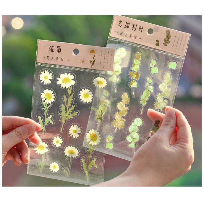 Sticker trong suốt hoa lá trang trí vintage bullet journal hoa cúc, lá táo, hoa lưu lu, rẻ quạt, hoa đào, dương sỉ