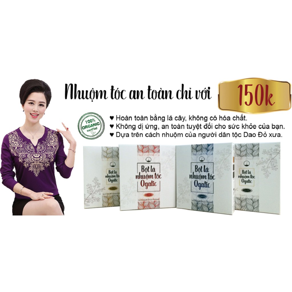 Bột lá nhuộm tóc thảo dược Ogatic các màu (ĐEN, NÂU, NÂU ĐỎ, XANH ĐEN) - 100% thảo dược thiên nhiên, không hóa chất