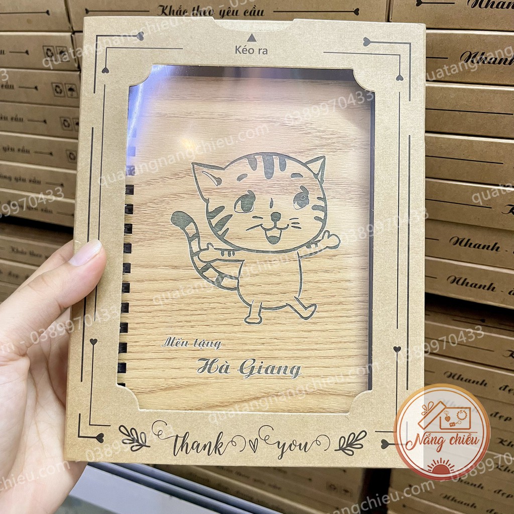 Sổ gỗ khắc hình con mèo_ Sổ gáy lò xo, giấy xịn , Khổ A5/A6_ Tặng kèm hộp sịn sò