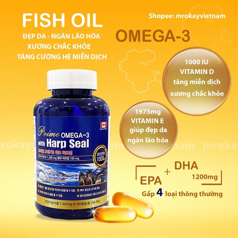 Dầu cá fish oil Prime Omega 3 180 viên hàm lượng cao 1200mg EPA DHA Vitamin D Vitamin E (nội địa Hàn)