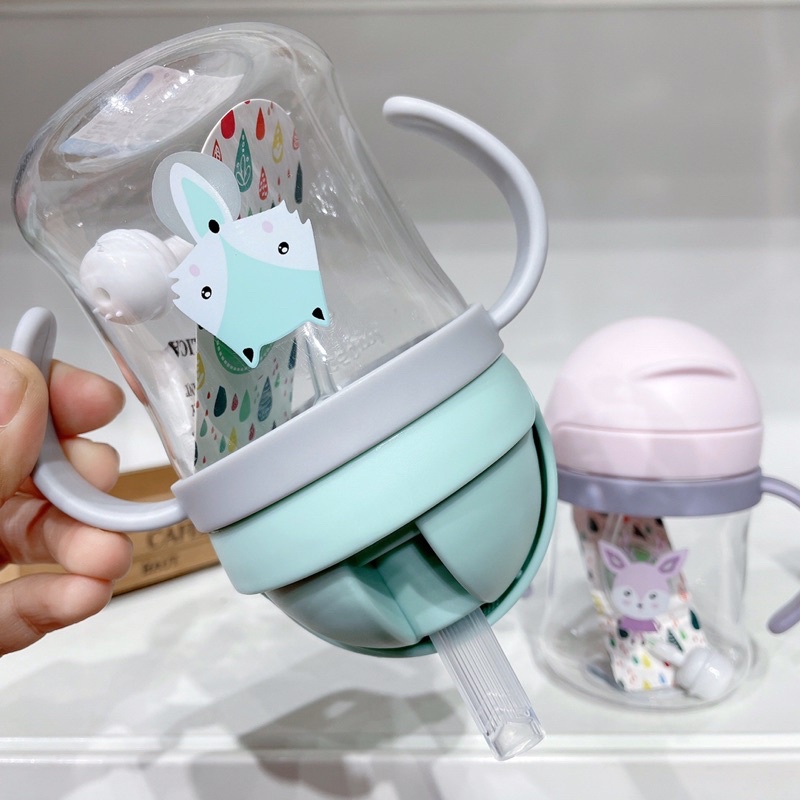Bình nước tập uống chống sặc dễ thương có tay cầm cho bé tập hút đi học