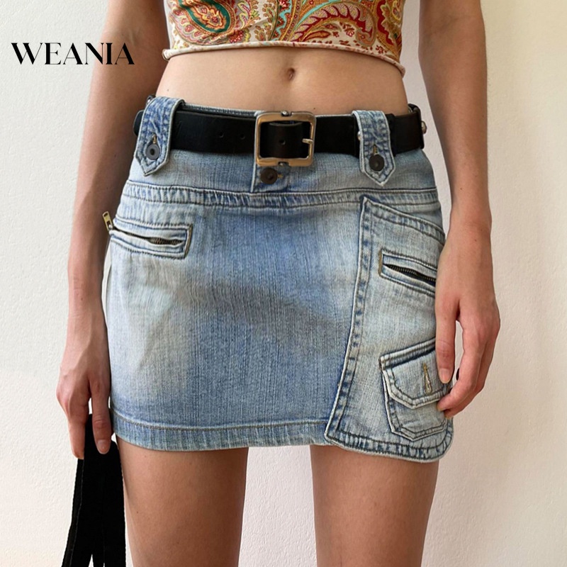 Chân váy jean Lưng Cao Phối Khóa Kéo Phong Cách Retro Đường Phố Cá Tính