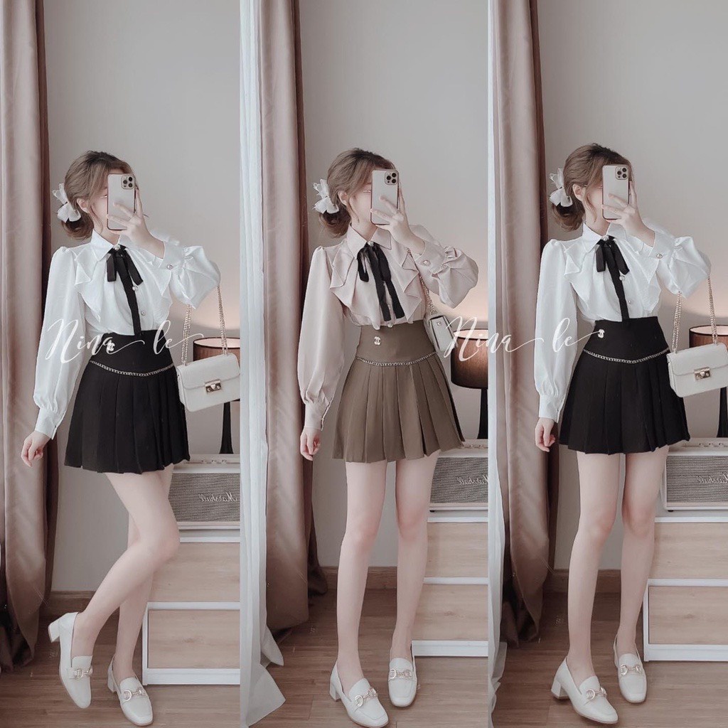 Áo sơ mi nữ NHẬT LINH áo sơ mi dài tay cổ phối bèo kèm nơ siêu xinh hàng đẹp Quảng Châu - A85
