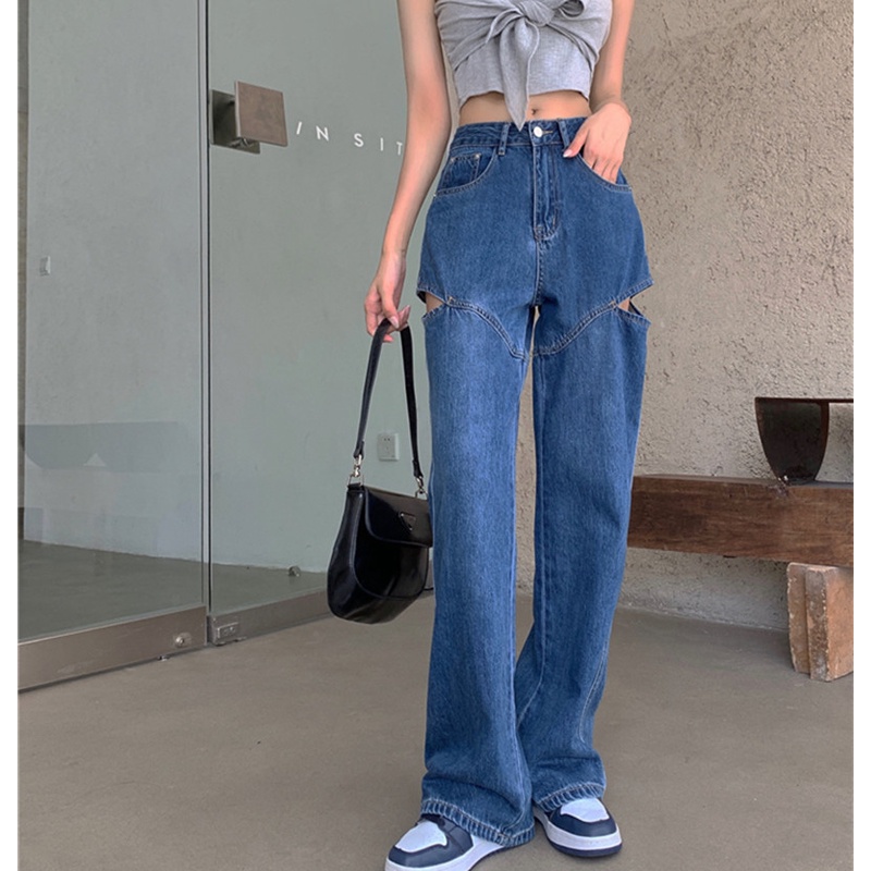 Quần Denim Nữ Lưng Cao Rách Gối Thời Trang