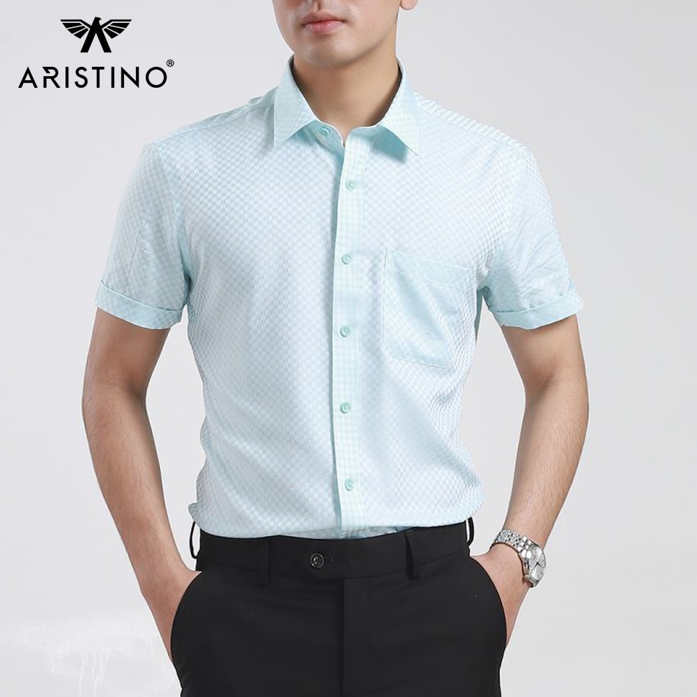 Áo sơ mi nam ngắn tay ARISTINO họa tiết dệt dobby kẻ ô sọc xanh nhạt tinh tế, sang trọng - ASS519S7 | BigBuy360 - bigbuy360.vn