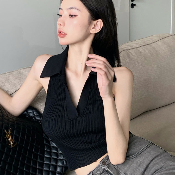 Áo Dệt Kim Sát Nách Cổ Polo Form Ôm Phong Cách Quyến Rũ